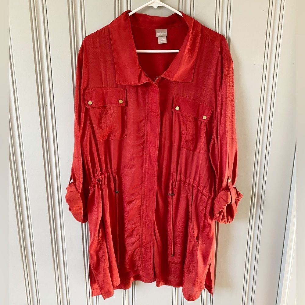 Chico’s Utility Jacket Satin Jacquard Zip Up Lightweight Sz 3 (XL) Burnt Orange